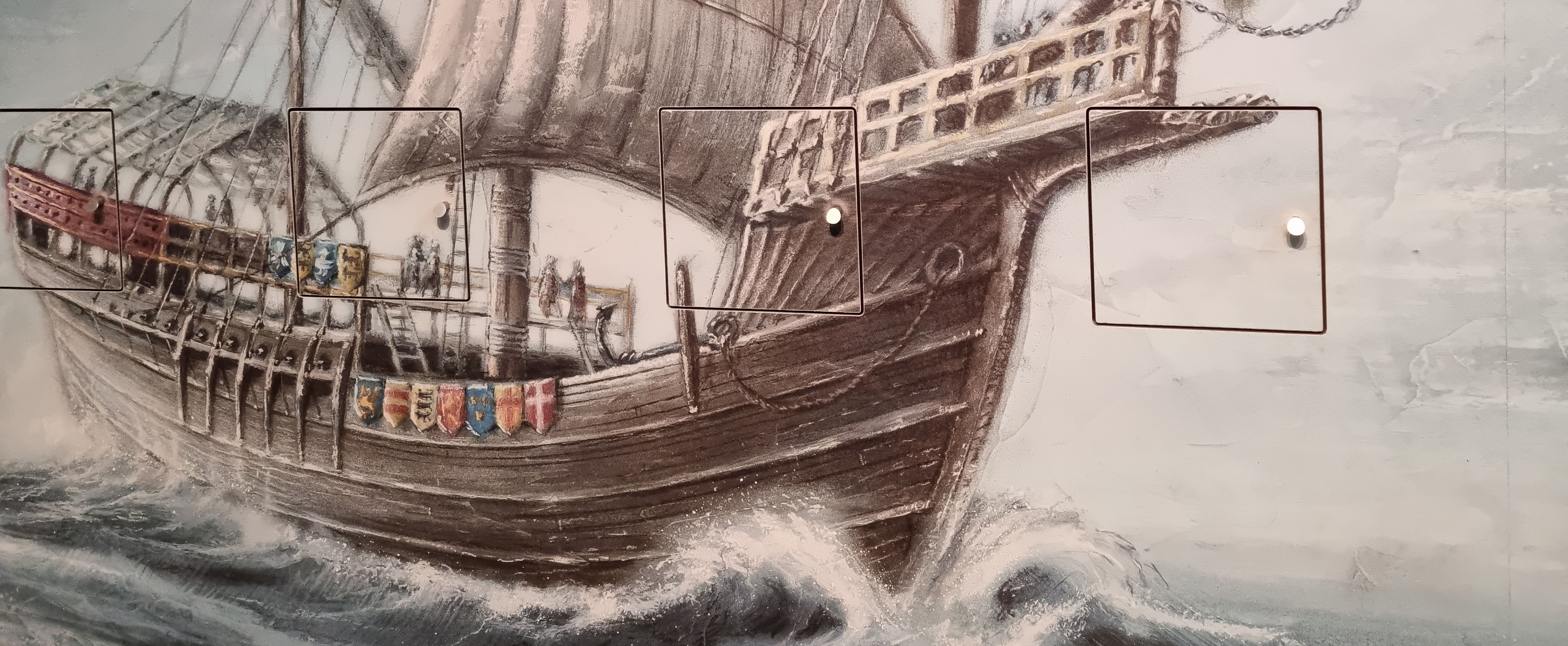 En akvarell av 1400-talsskeppet Gribshunden på ett blågrått hav i uppror
